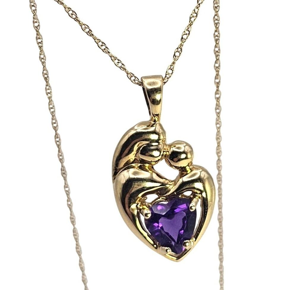 14K Gold Mother Child Interlocking Heart Charm Necklace February Birthday
